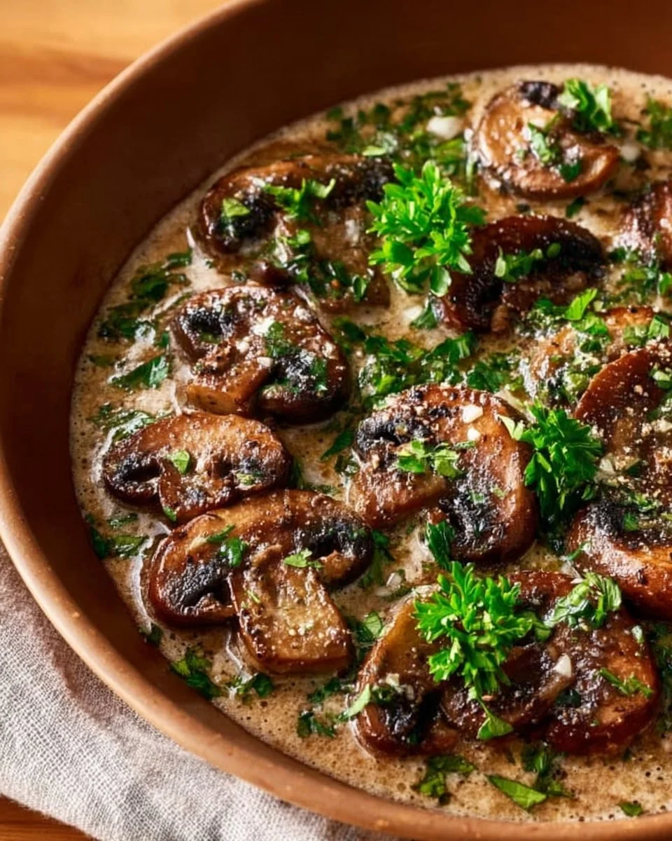 Bowl of creamy mushroom soup garnished with fresh herbs and mushrooms.