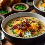 Creamy potato soup in a bowl garnished with herbs
