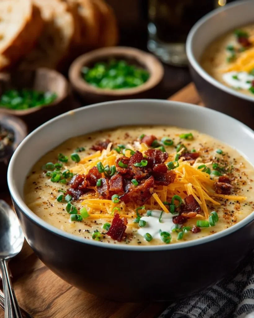 Creamy potato soup in a bowl garnished with herbs