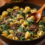 Creamy spinach mushroom tortellini served in a bowl with fresh herbs