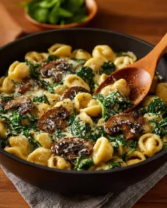 Creamy spinach mushroom tortellini served in a bowl with fresh herbs