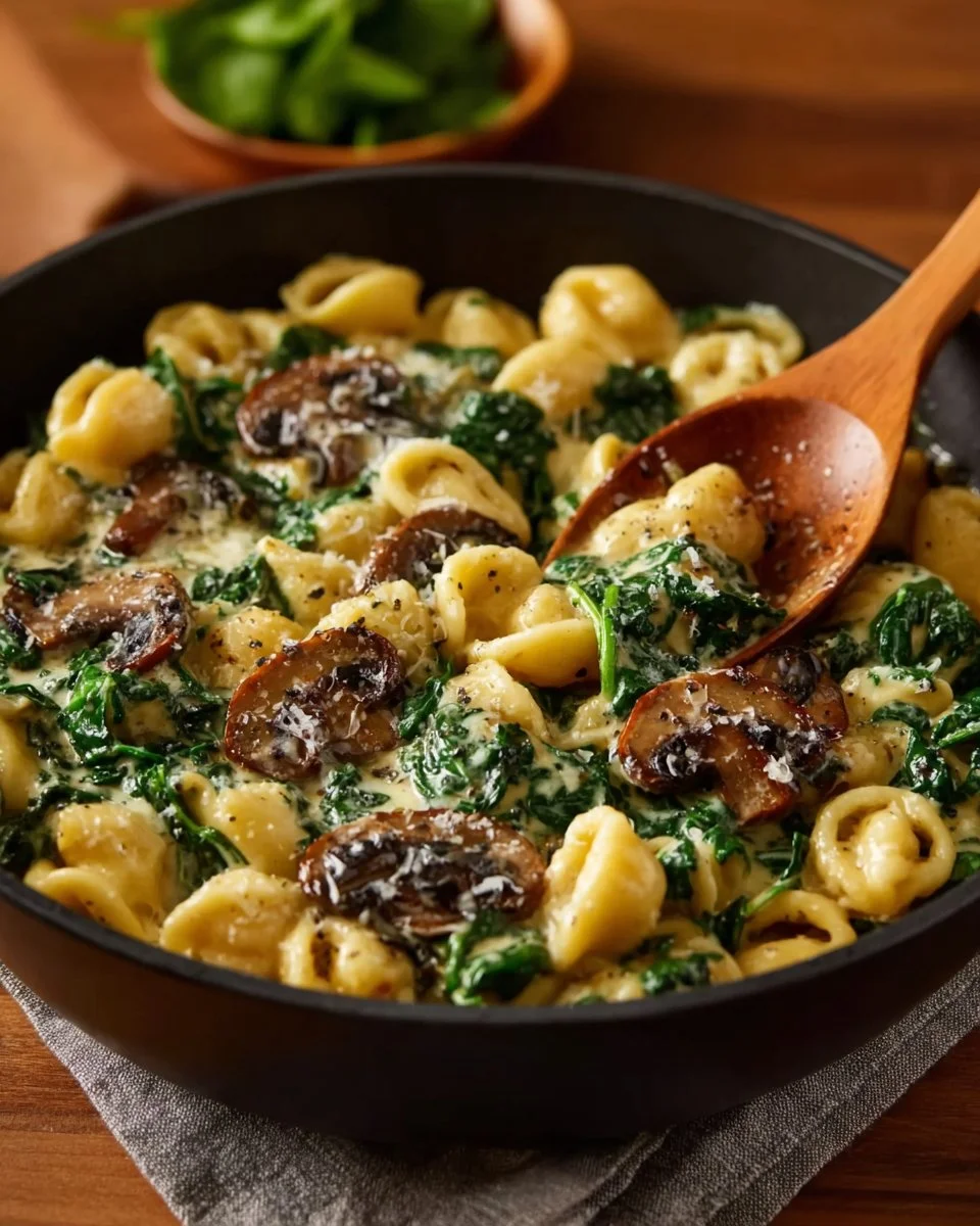 Creamy spinach mushroom tortellini served in a bowl with fresh herbs