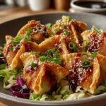 Delicious crispy chicken wonton tacos garnished with fresh ingredients.
