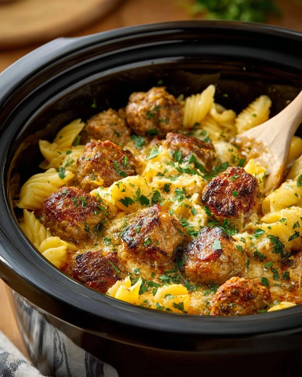 Crock pot meatballs with tortellini served in a hearty sauce