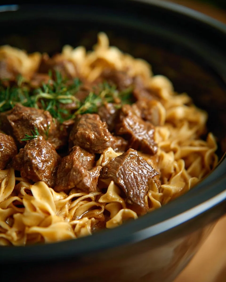 Delicious crockpot beef stroganoff served with pasta
