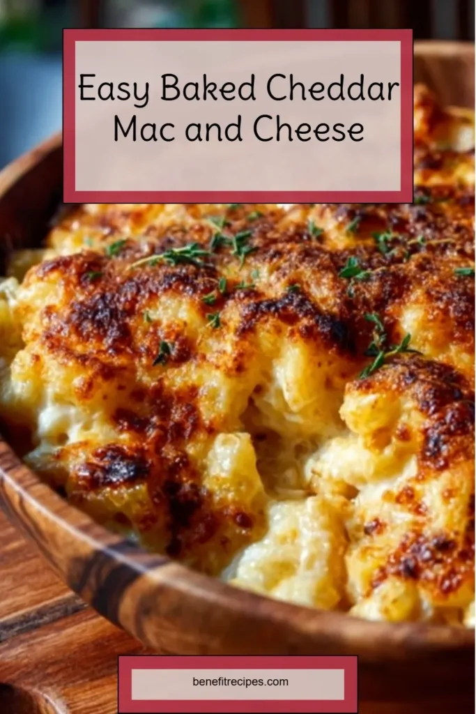 Delicious bowl of easy baked cheddar mac and cheese topped with golden crust