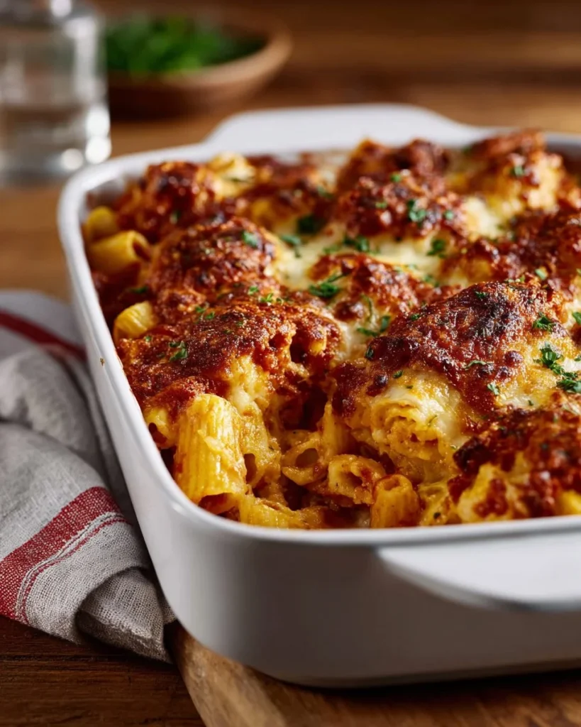 A serving of Easy Baked Ziti topped with melted cheese and fresh herbs