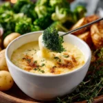 Easy cheese fondue recipe served in a pot with bread and veggies for dipping.