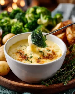 Easy cheese fondue recipe served in a pot with bread and veggies for dipping.