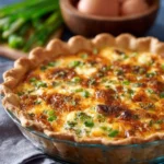 Slice of easy loaded baked potato quiche with toppings