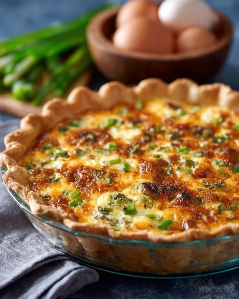 Slice of easy loaded baked potato quiche with toppings