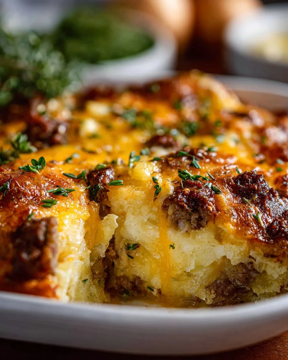 Delicious Easy Overnight Breakfast Casserole ready to serve