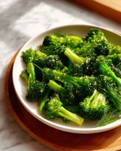 Plate of easy sauteed broccoli garnished with garlic and lemon.