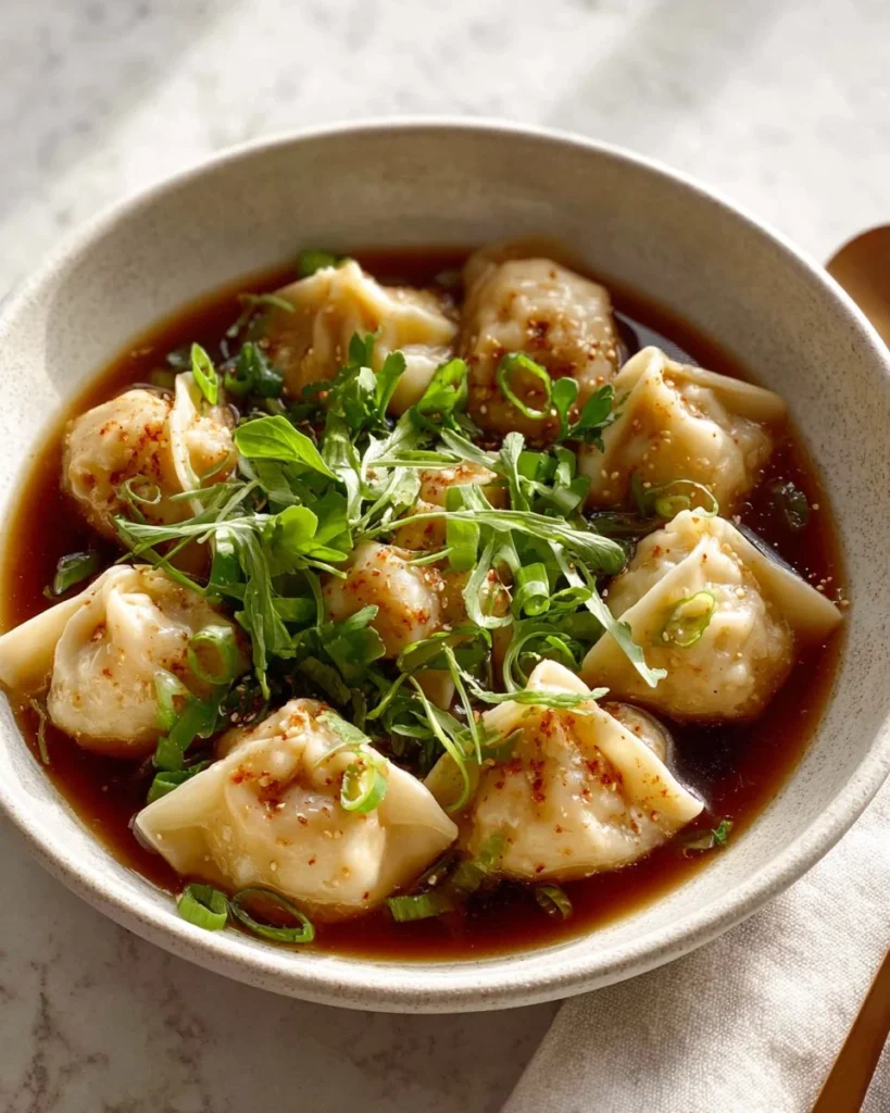 Bowl of easy wonton soup with dumplings and broth.