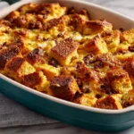 Delicious fluffy egg strata served on a plate for breakfast.