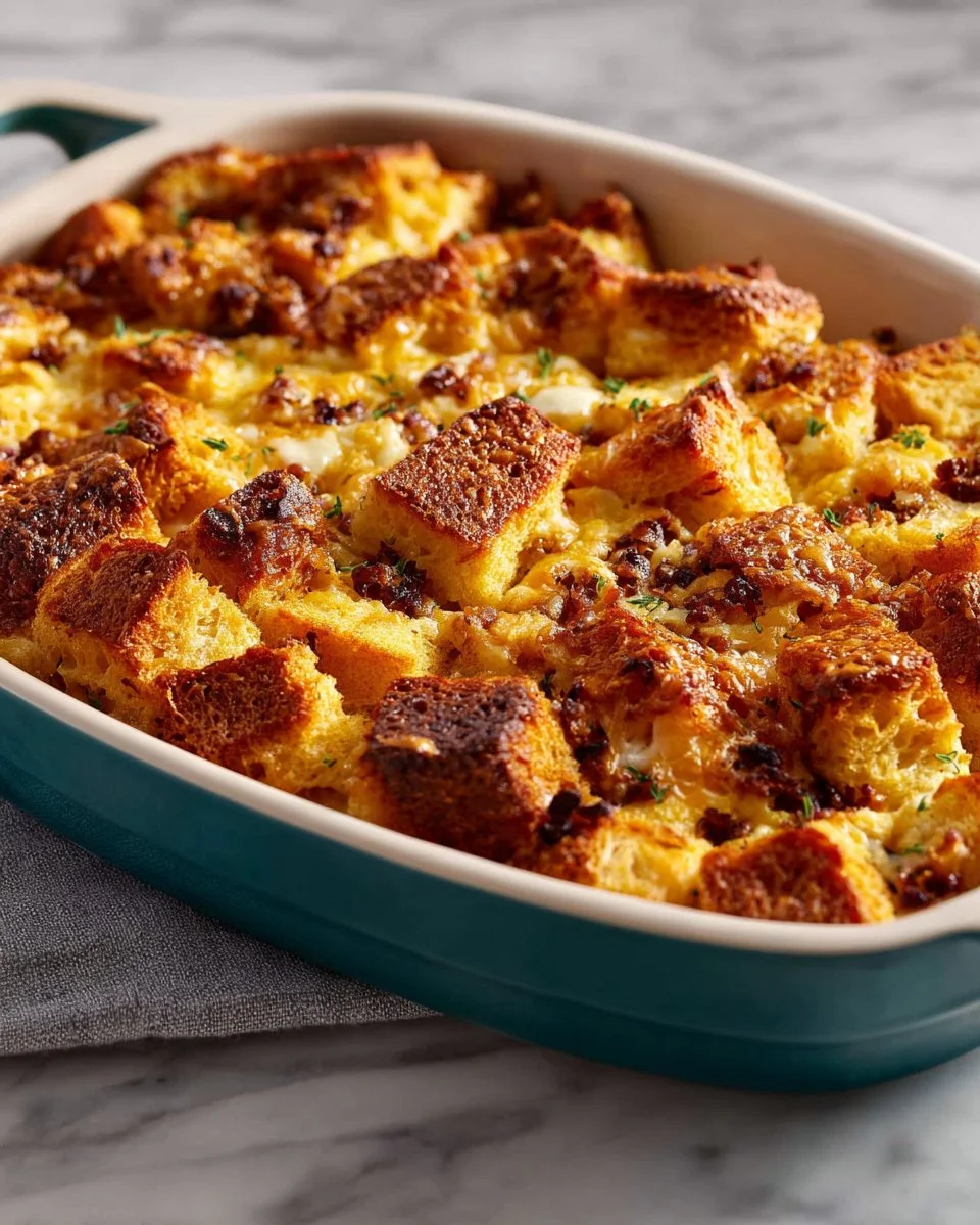 Delicious fluffy egg strata served on a plate for breakfast.