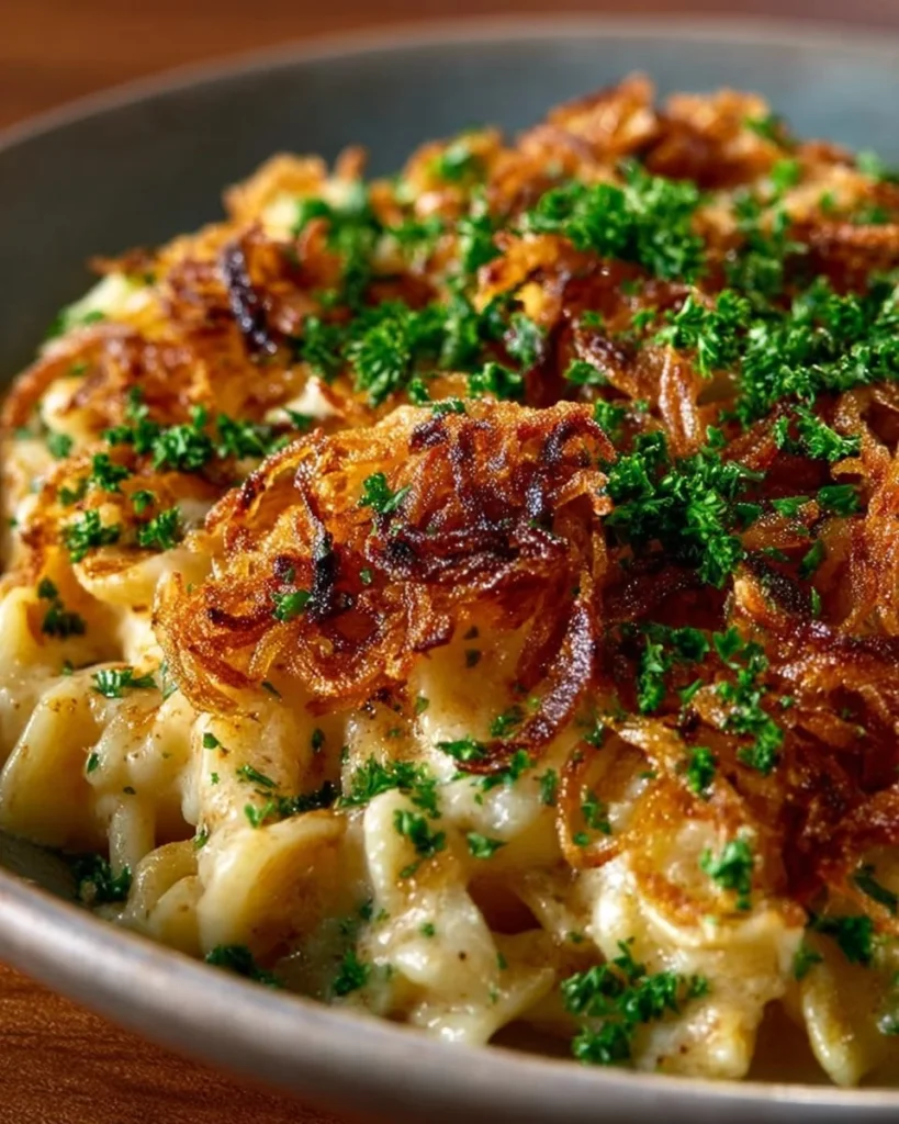 Delicious French onion chicken orzo casserole baked to perfection
