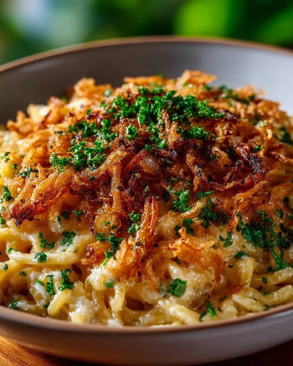 French onion chicken orzo casserole topped with melted cheese and herbs