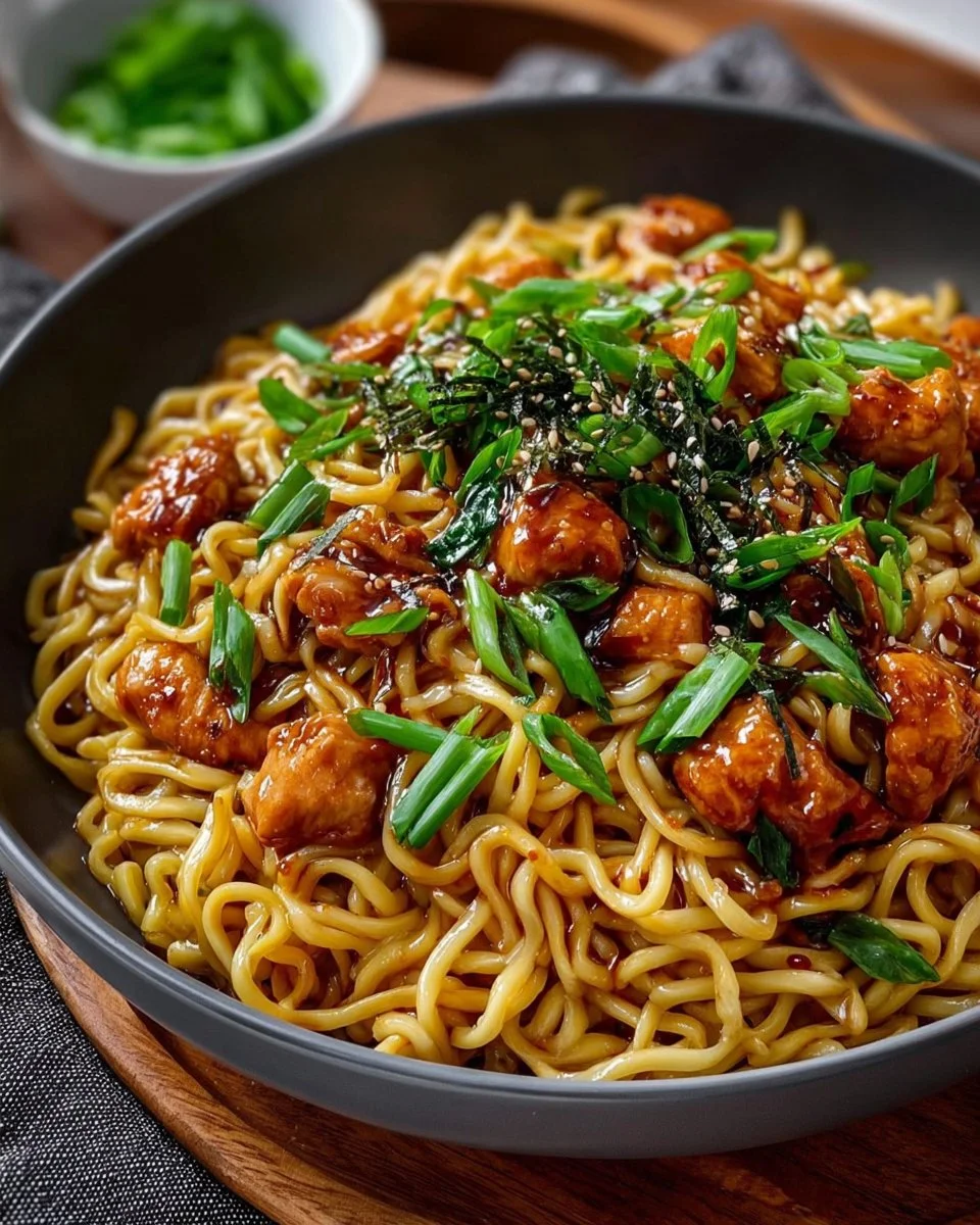 Delicious Garlic Chicken Noodles served in a bowl with vegetables