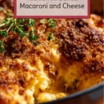 Plate of Grandma's old-fashioned baked macaroni and cheese, creamy and delicious.