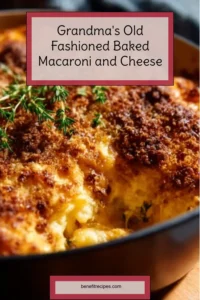 Plate of Grandma's old-fashioned baked macaroni and cheese, creamy and delicious.