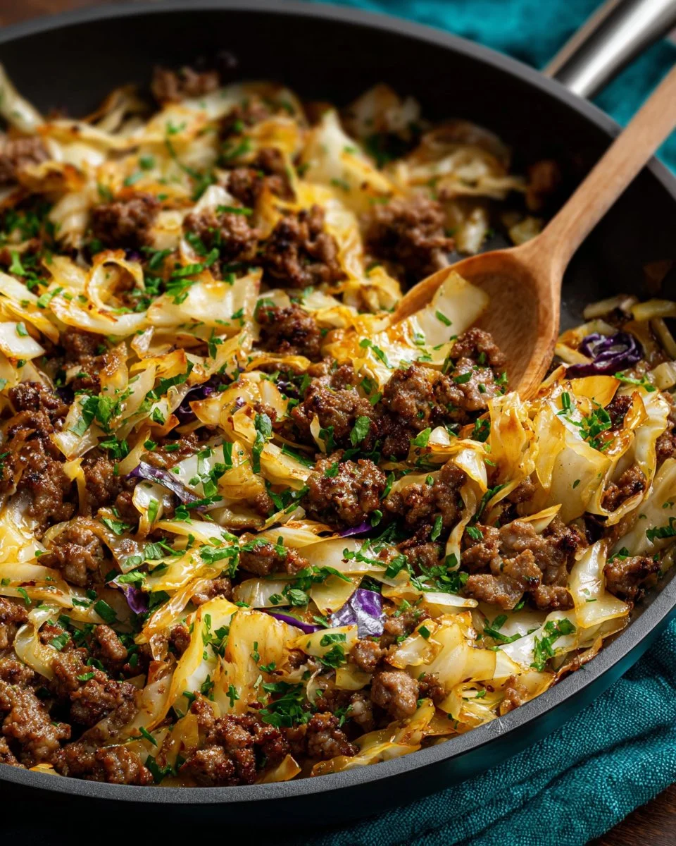 Ground beef and cabbage stir-fry served in a bowl with herbs.