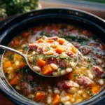 Delicious ham and bean soup served in a bowl with herbs on top.