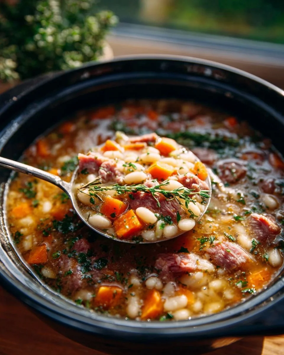Delicious ham and bean soup served in a bowl with herbs on top.