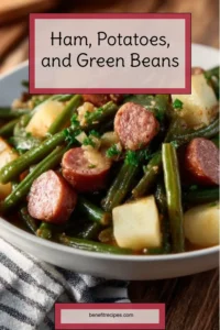 Ham, potatoes, and green beans dish served on a plate