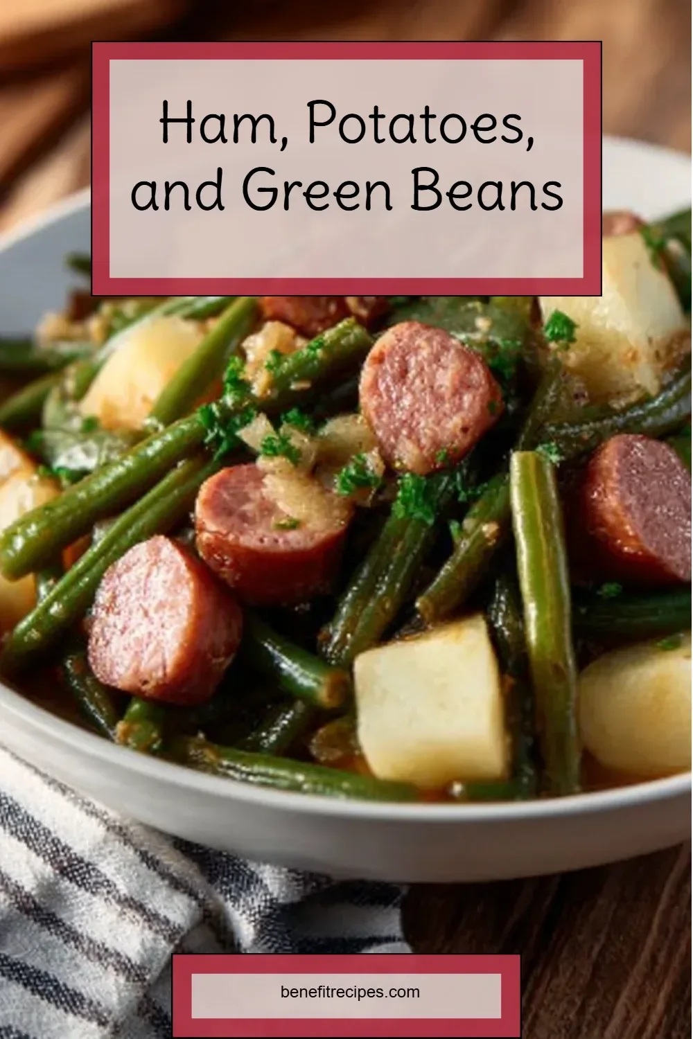 Ham, potatoes, and green beans dish served on a plate