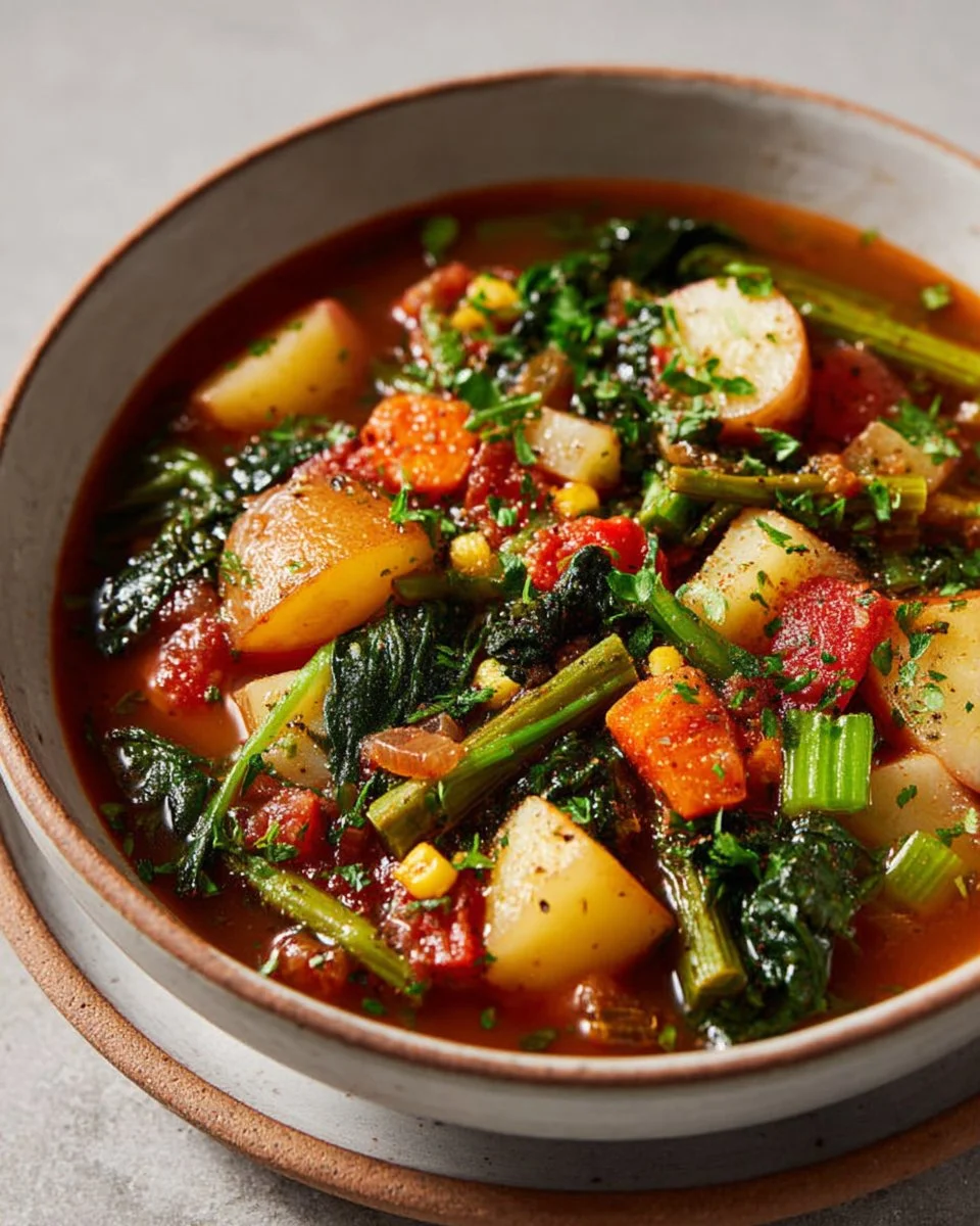Bowl of hearty vegetable soup filled with fresh vegetables and herbs