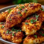 Crispy homemade baked chicken tenders served with dipping sauce.