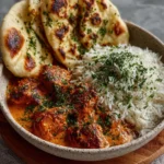 Delicious homemade butter chicken served with naan and rice.
