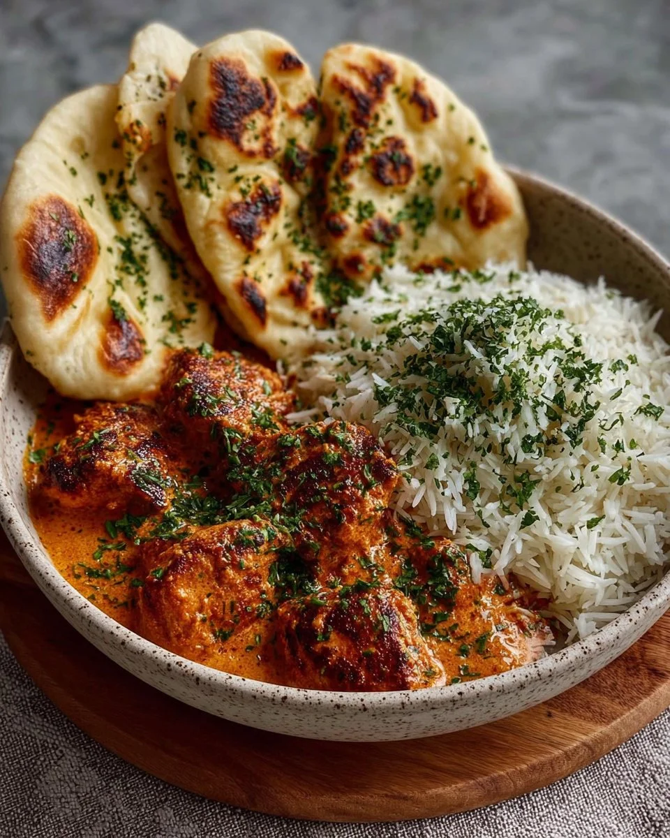 Delicious homemade butter chicken served with naan and rice.