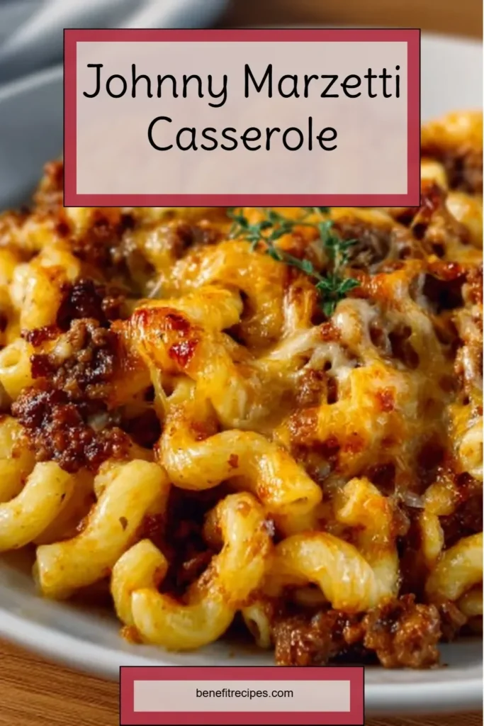 Delicious Johnny Marzetti casserole baked with pasta, cheese, and ground beef.
