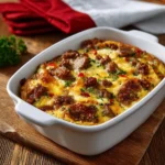 A delicious loaded breakfast casserole topped with cheese and vegetables
