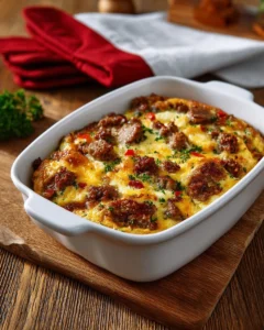A delicious loaded breakfast casserole topped with cheese and vegetables