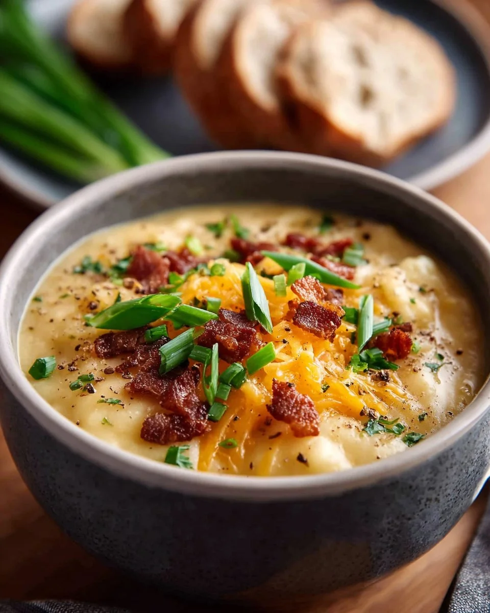 Bowl of creamy Loaded Potato Soup topped with cheese, bacon, and green onions.