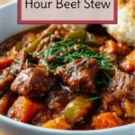 A bowl of Mamaw's hearty 5 hour beef stew served with fresh herbs.