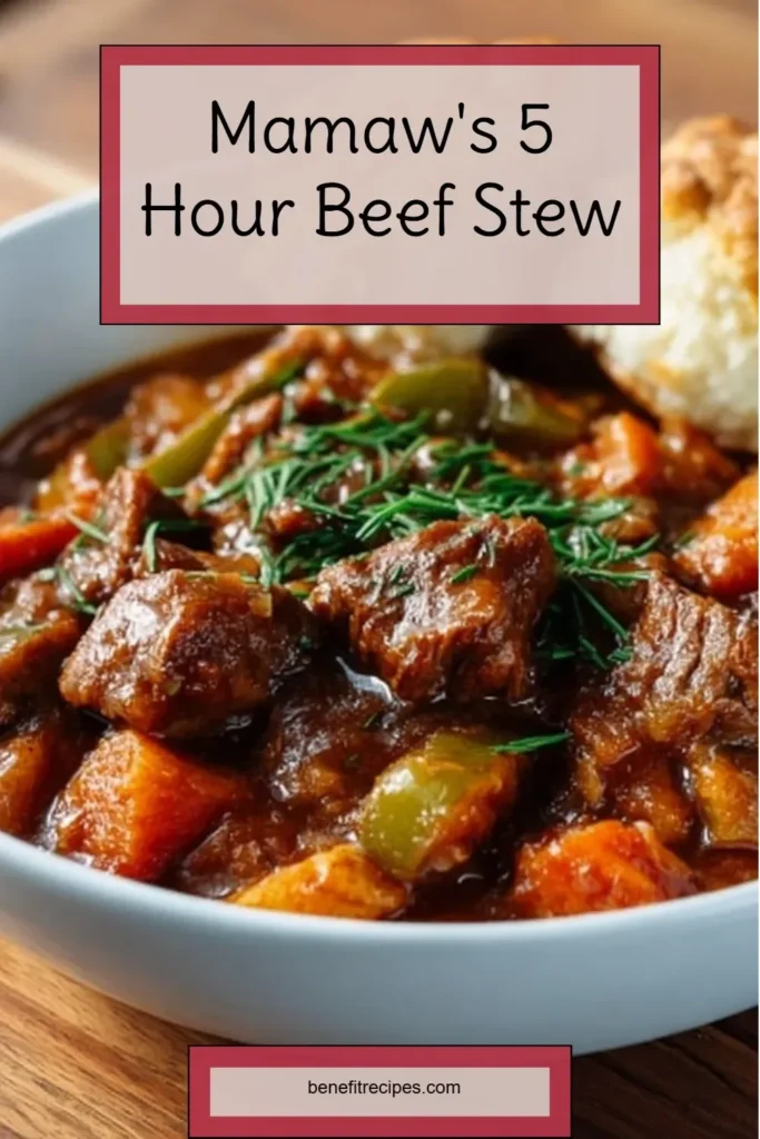 A bowl of Mamaw's hearty 5 hour beef stew served with fresh herbs.
