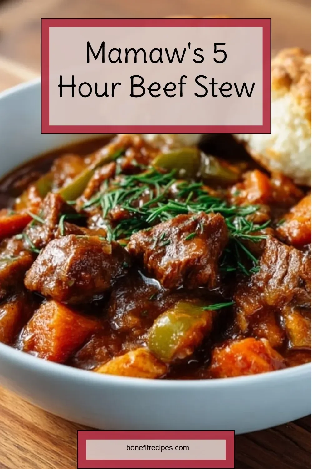 A bowl of Mamaw's hearty 5 hour beef stew served with fresh herbs.