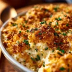 Delicious Million Dollar Chicken Casserole topped with crispy golden breadcrumbs