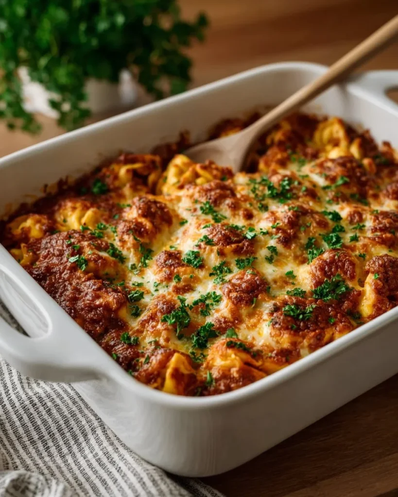 No-Boil Sausage and Vegetable Tortellini Bake fresh out of the oven