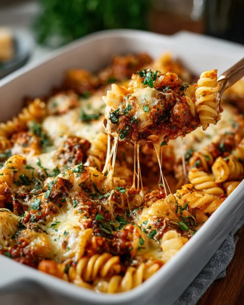 No-Boil Sausage and Vegetable Tortellini Bake with cheese and fresh vegetables