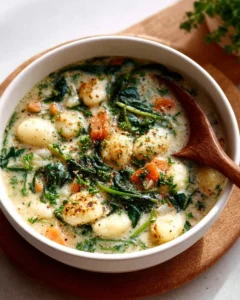 Bowl of Olive Garden Chicken Gnocchi Soup with fresh herbs