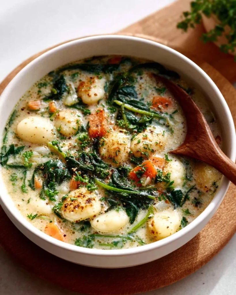 Bowl of Olive Garden Chicken Gnocchi Soup with fresh herbs