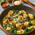 One Pan Creamy Sun-Dried Tomato Tortellini served in a bowl