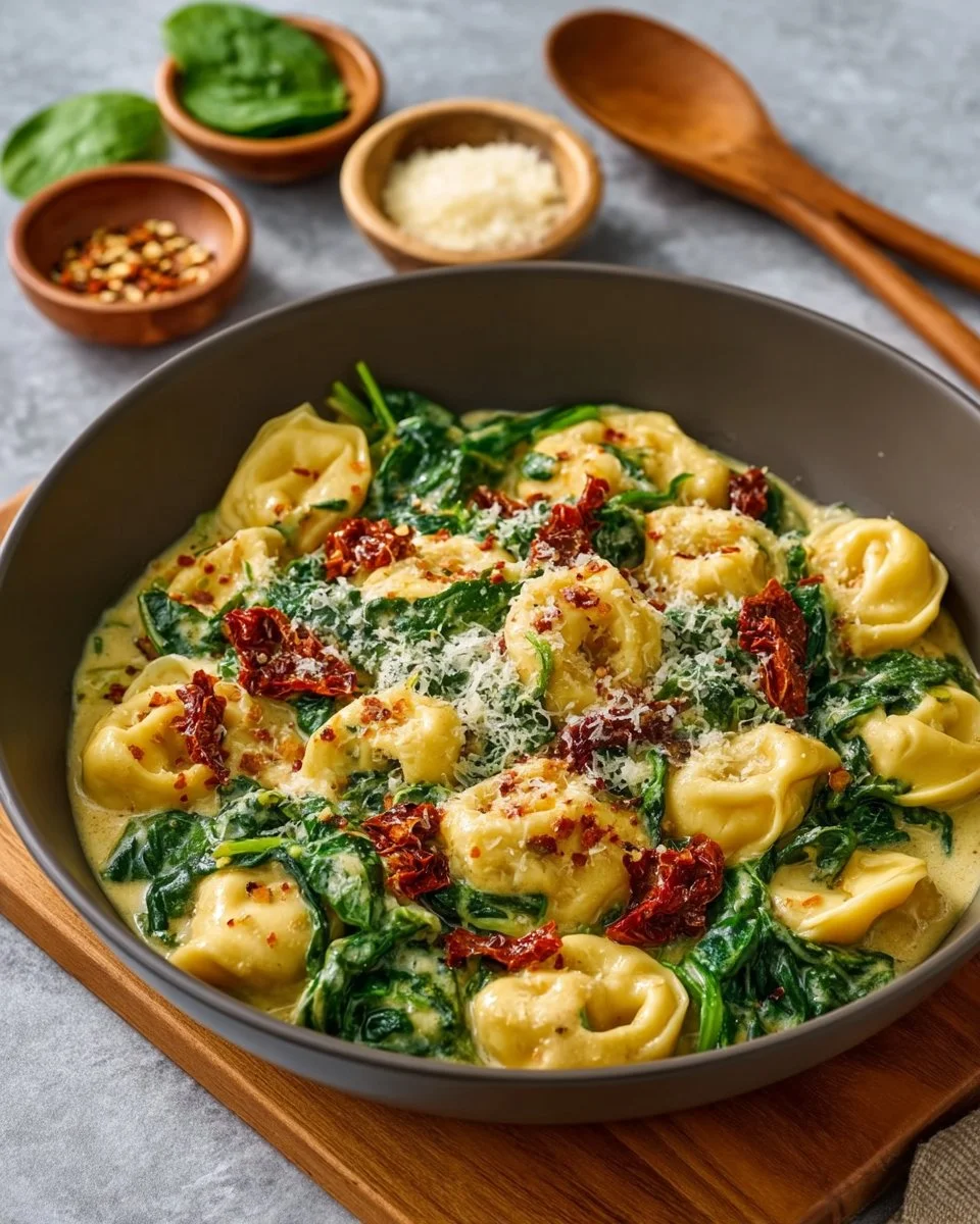 One Pan Creamy Sun-Dried Tomato Tortellini served in a bowl