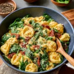 Plate of creamy sun-dried tomato tortellini garnished with herbs