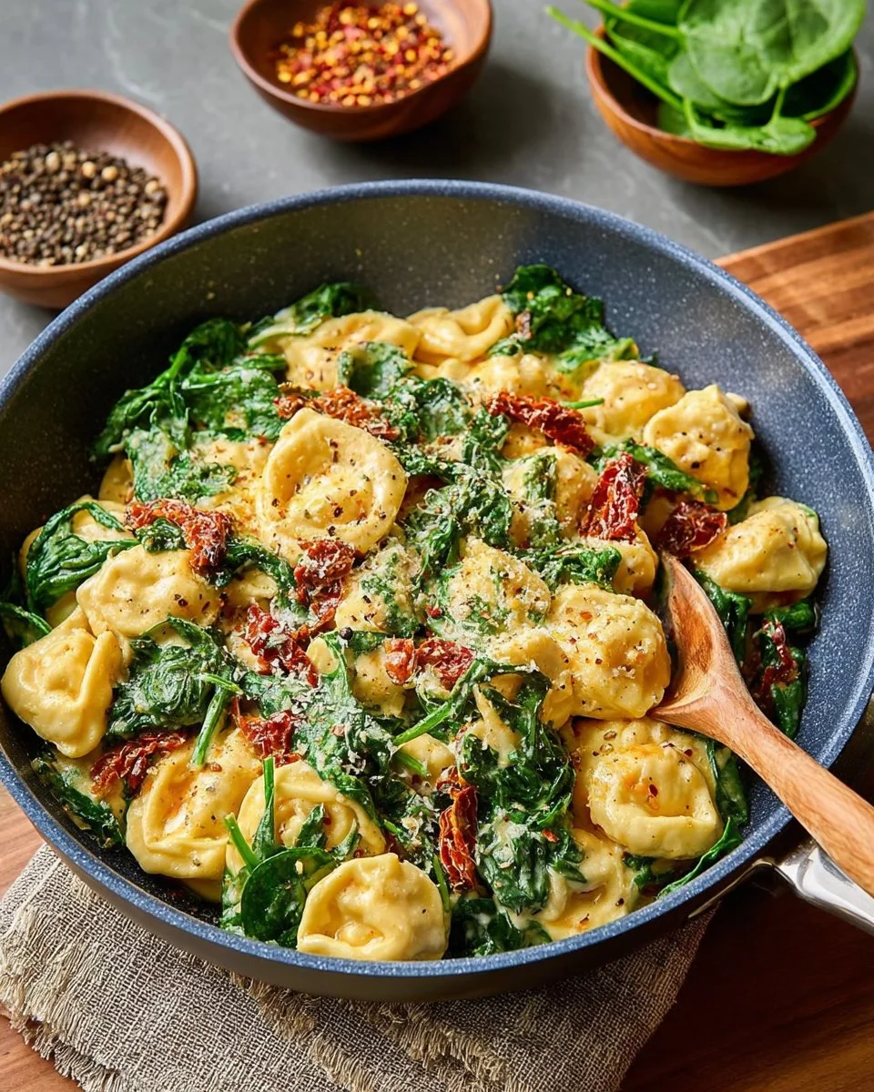 Plate of creamy sun-dried tomato tortellini garnished with herbs